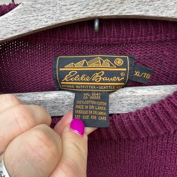 Vintage 90s Eddie Bauer Plum Maroon Cotton Knit Crewneck Sweater XL - Picture 3 of 8